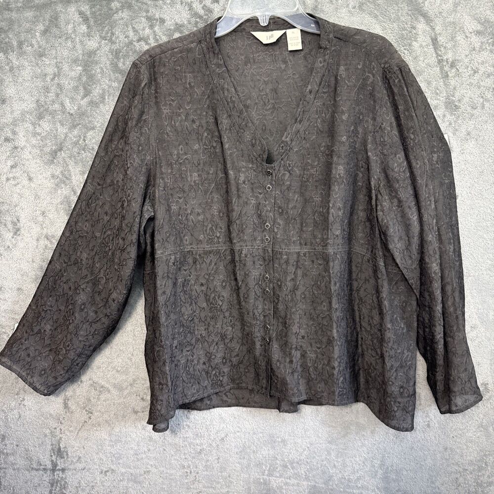 j jill xl top Button vneck black gray long sl raised pattern semi opaque
